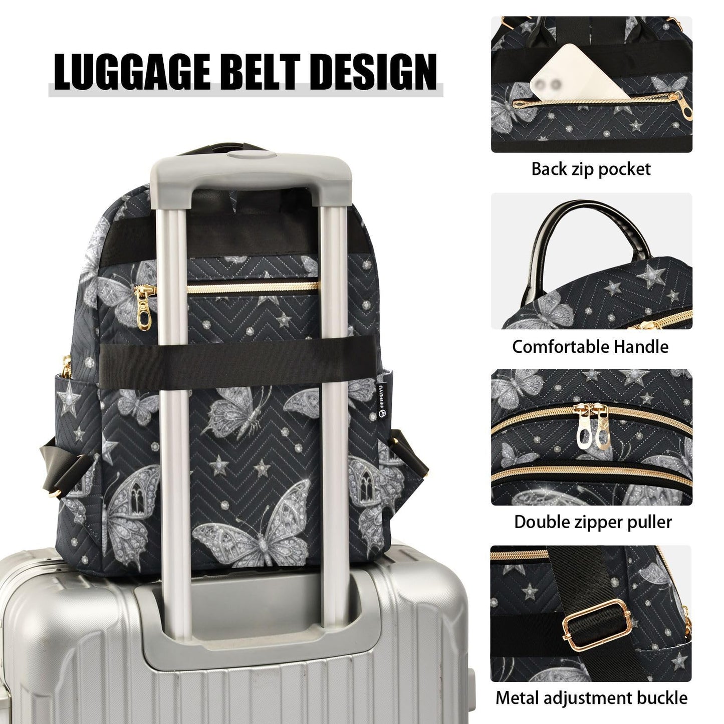 susiyo Butterfly Star Backpack for Women Silver Black 10L Bag Gothic Ladies Backpacks Travel Casual Daypack
