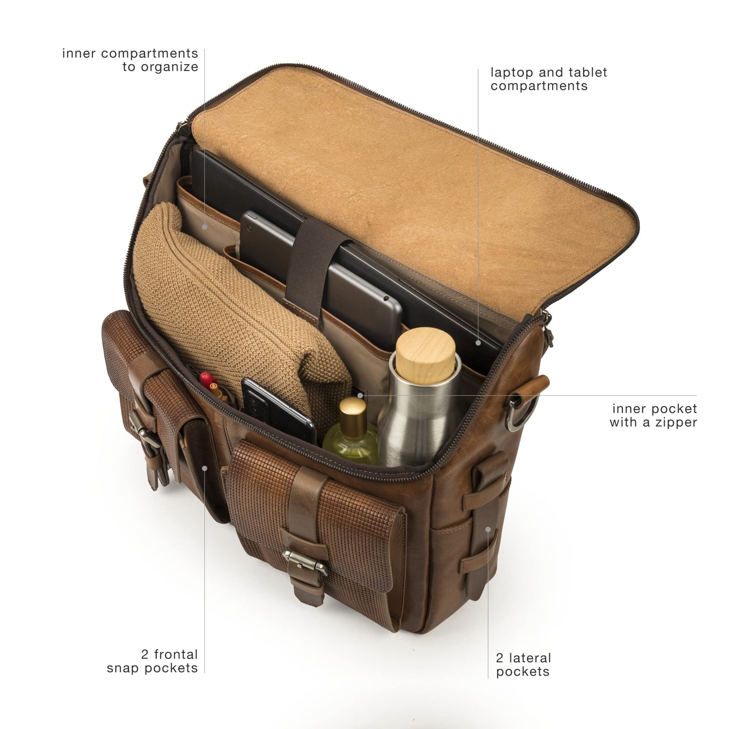 VELEZ Tan Full Grain Leather Messenger Bag for Men - 15" Laptop Briefcase - Mens Vintage Business Crossbody Computer Bags