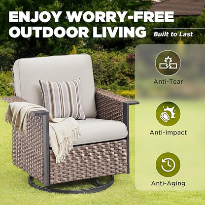 Outdoor Patio Furniture Set Swivel Chairs-7 Pieces All-Weather Wicker 3 Seater Sofa with 2 Ottomans Rattan Side Table, Wicker Sofa Outdoor Furniture for Porch Deck Backyard Brown/Beige