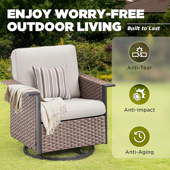 Outdoor Patio Furniture Set -7 Pieces All-Weather Wicker Swivel Patio Chairs Rattan 3 Seater Sofa with 2 Ottomans, Wicker Sofa Outdoor Furniture for Garden Porch Deck Backyard Brown/Beige