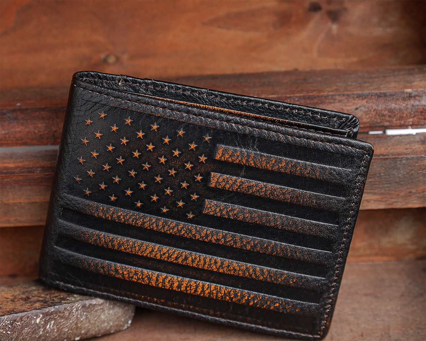 DK86 USA Flag Wallet for Men Slim Rfid Bifold Genuine Leather 2 ID Window With Gift Box (black brown with US flag)