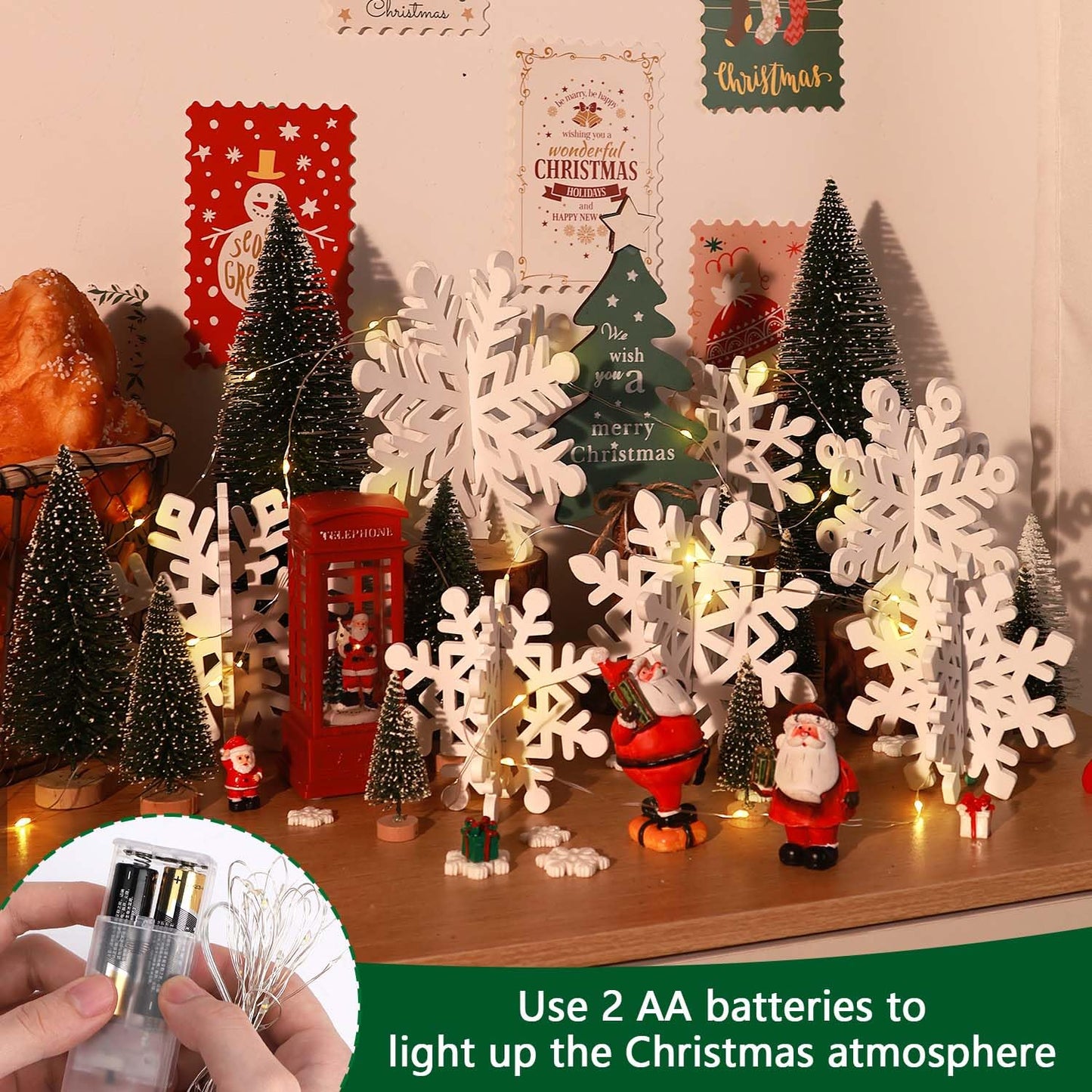 LHMTQVK 15 Pcs White Wooden Snowflakes Christmas Centerpiece Table Decorations - 7 Set 3D Snowflakes and Lights for Winter Wonderland Home Wedding Birthday Christmas Decor