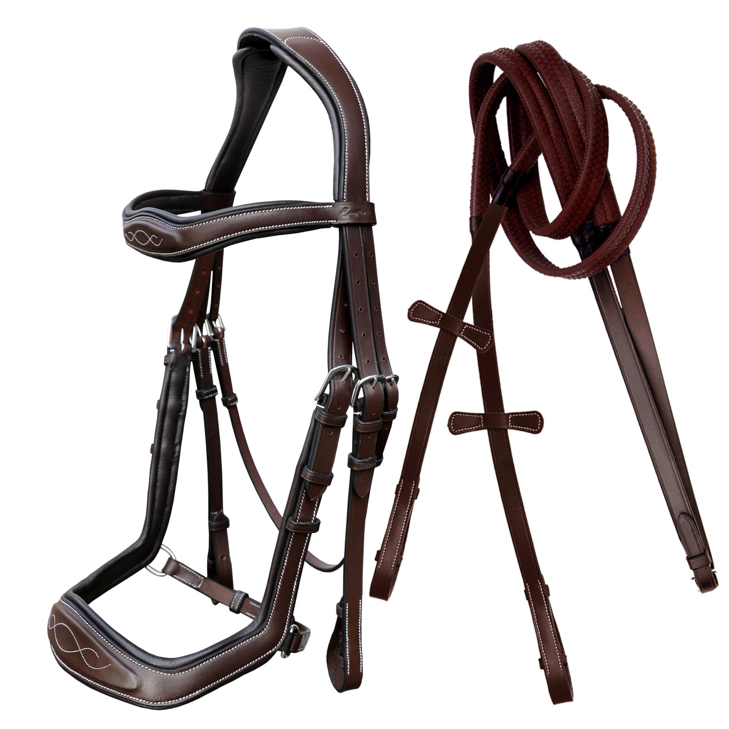 ExionPro Exion Anti-Pressure Anatomic English Jumping Leather Horse Padded Bridle with Reins- Havana Brown, Full Size