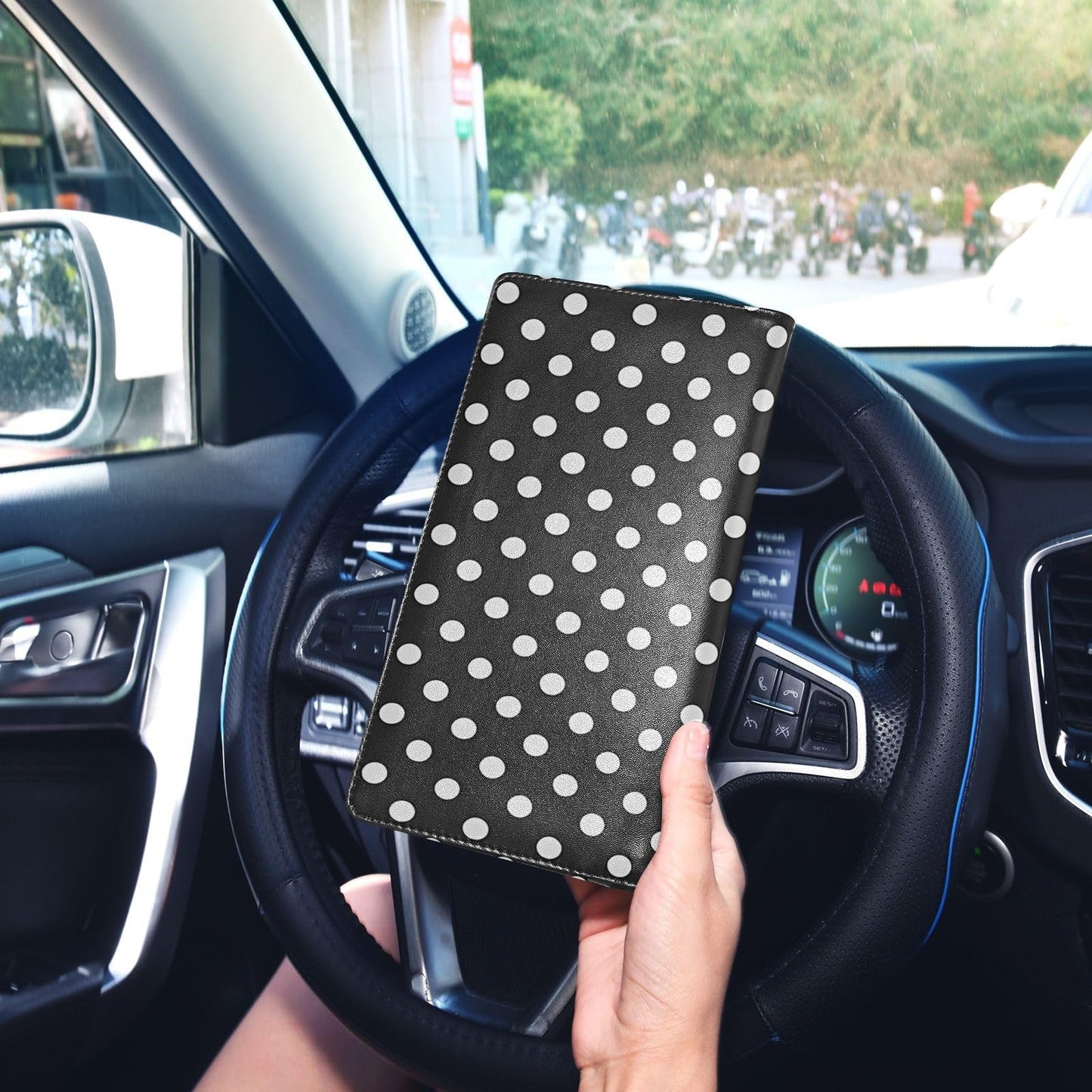 JUZIHAI Black and White Polka Dot Car Registration and Insurance Holder Glove Box Organizer Leather Vehicle Essential Document Card Wallet Accessories Case
