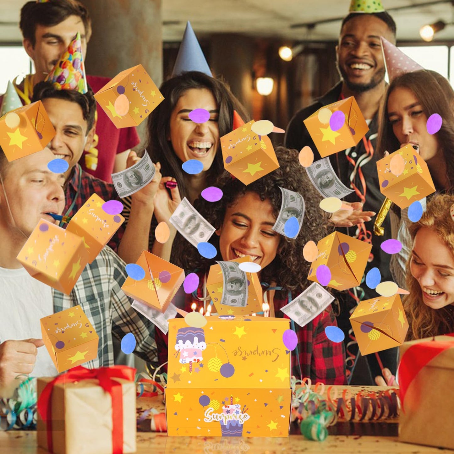BABORUI Birthday Surprise Gift Box Explosion for Money with Confetti, Cash Explosion Gift Box for Women Men Kids (Yellow Birthday)