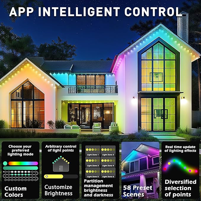 150FT Permanent Outdoor Lights,for House Roof, Christmas, Holiday, Party, Daily Lighting, IP67 Waterproof,RGB Eaves Lights with Multi Scene Modes for Halloween