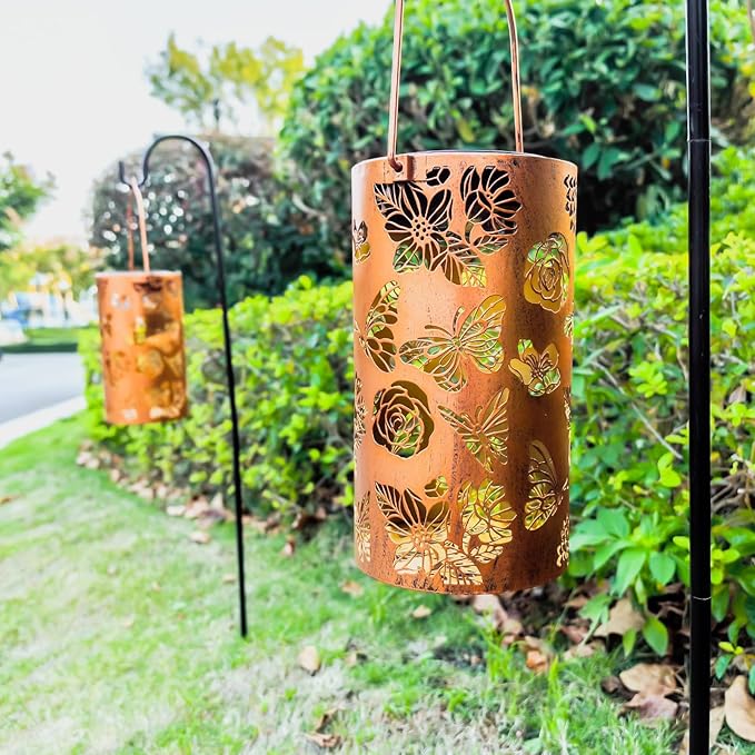 2 Pack Solar Lanterns Outdoor Waterproof Butterfly Birthday Gifts for Women Mom Grandma Garden Decor Flower Metal Hanging LED Decorative Light for Patio Yard Lawn Backyard Front Porch Gardening Gifts