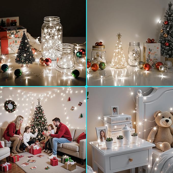 Mlambert LED Fairy Lights Battery Operated with Timer, Rechargeable Mini Twinkle Lights for Christmas Decor Holiday Party, 32.8FT(16.4x2), Cool White