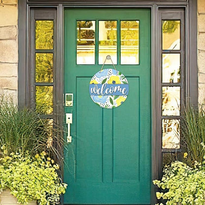 Welcome Spring Summer Flower Front Door Sign, Blue Yellow Floral Wood Door Hanger Outdoor Outside Porch Decor, Seasonal Farmhouse Wooden Wreath Indoor Wall Hanging Decoration