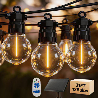 BYIZO 31FT Solar Outdoor String Lights with 12 LED Bulbs, IP65 Waterproof, Remote Control & Dual Solar-USB Charging for Patio, Garden, Backyard & Party
