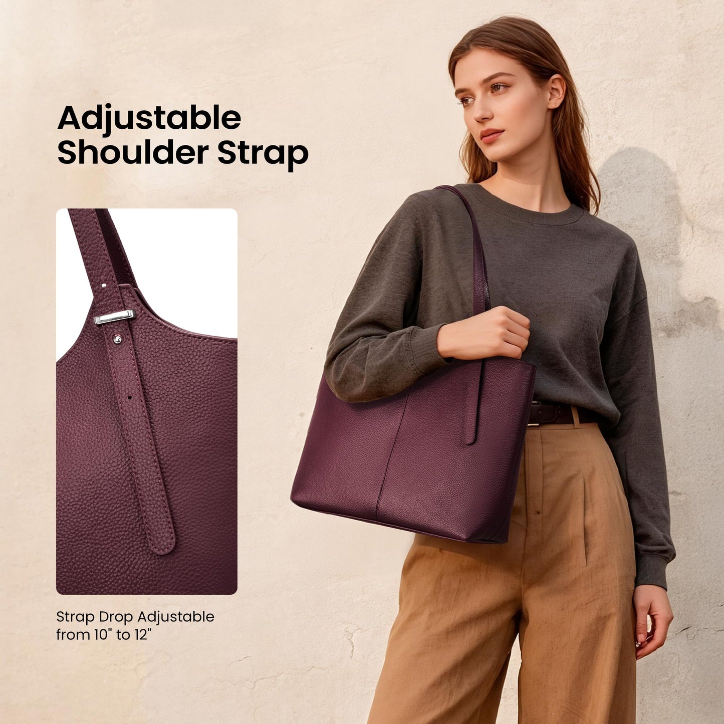 befen Genuine Leather Tote Bags for Women Work, Real Burgundy Leather Shoulder Handbags Zippered Satchel Purses with Adjustable Strap for Casual Shopping Travel, Burgundy