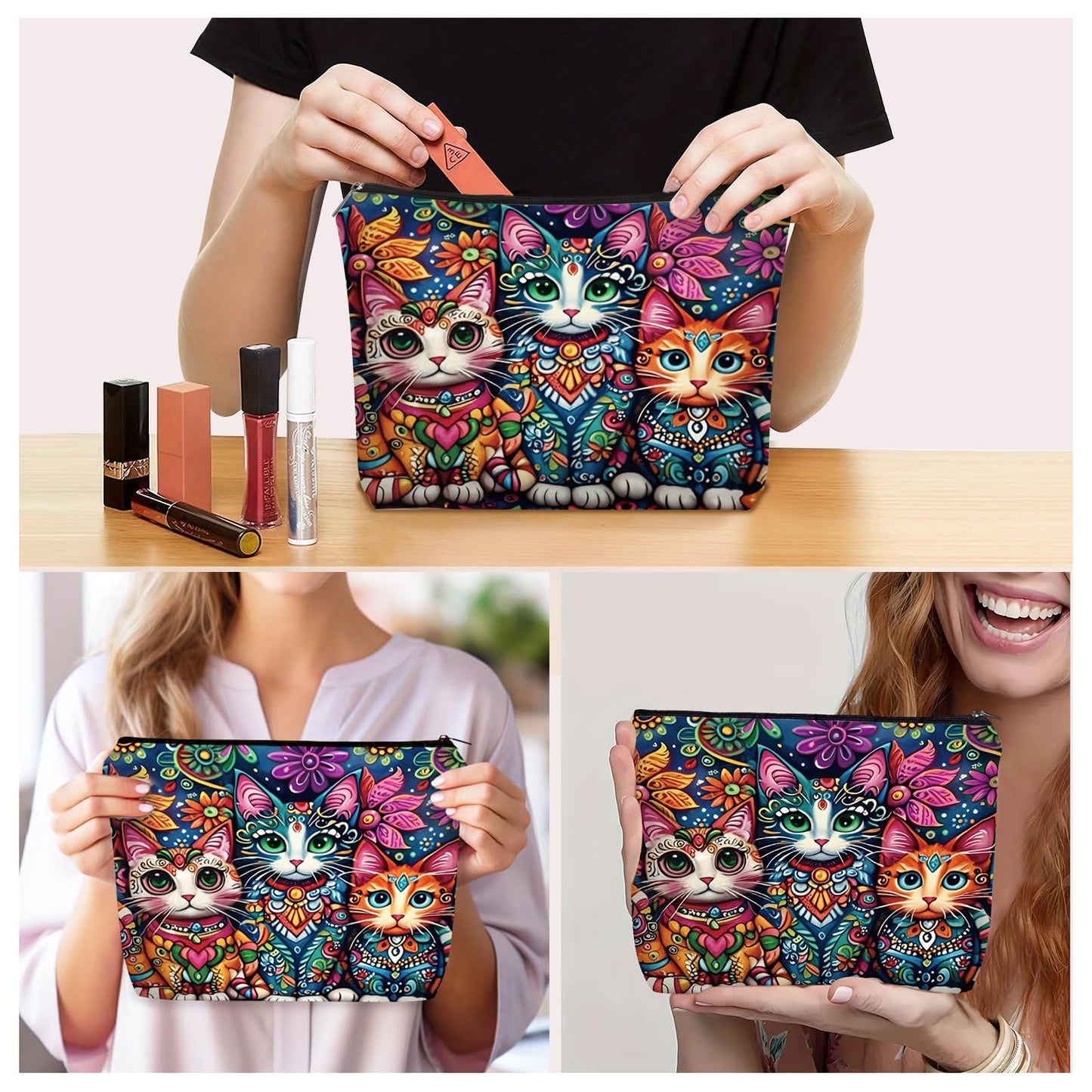 Girlly Mom Bohemian Cat Makeup Bag Gift: Cute Boho Cats Themed Cosmetic & Toiletry Organizer Pouch For Daughters, Sisters, Friends,Teen Girls & Women.Ideal Gift For Travel, Birthdays.