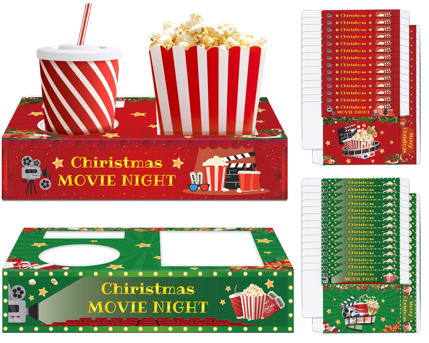 32 Pcs Movie Night Snack Trays Hold Popcorn Candy Food Drink Boxes Merry Christmas Movie Night Party Supplies Christmas Popcorn Food Candy Drink Tray for Kid's Birthday Theater Family Xmas Party Decor