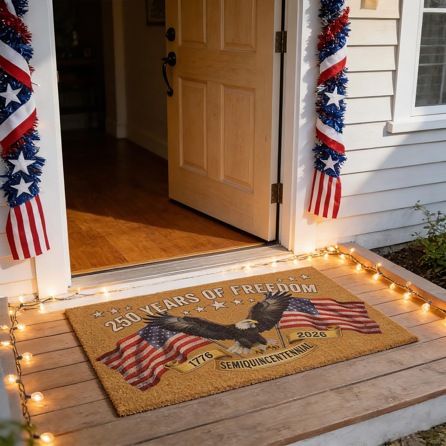 Patriotic Door Mat 250th Anniversary America USA Doormat,4th of July 17"x28" Patriotic Coir Mat with Bald Eagle & Stars Mat,Non-Slip Independence Day Freedom Memorial Day Porch Front Decor