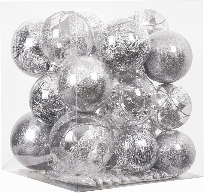 XmasExp 32ct Christmas Ball Ornaments Set -Silver Clear Plastic Shatterproof Xmas Tree Ball Decorations Hanging Baubles for Holiday Decor