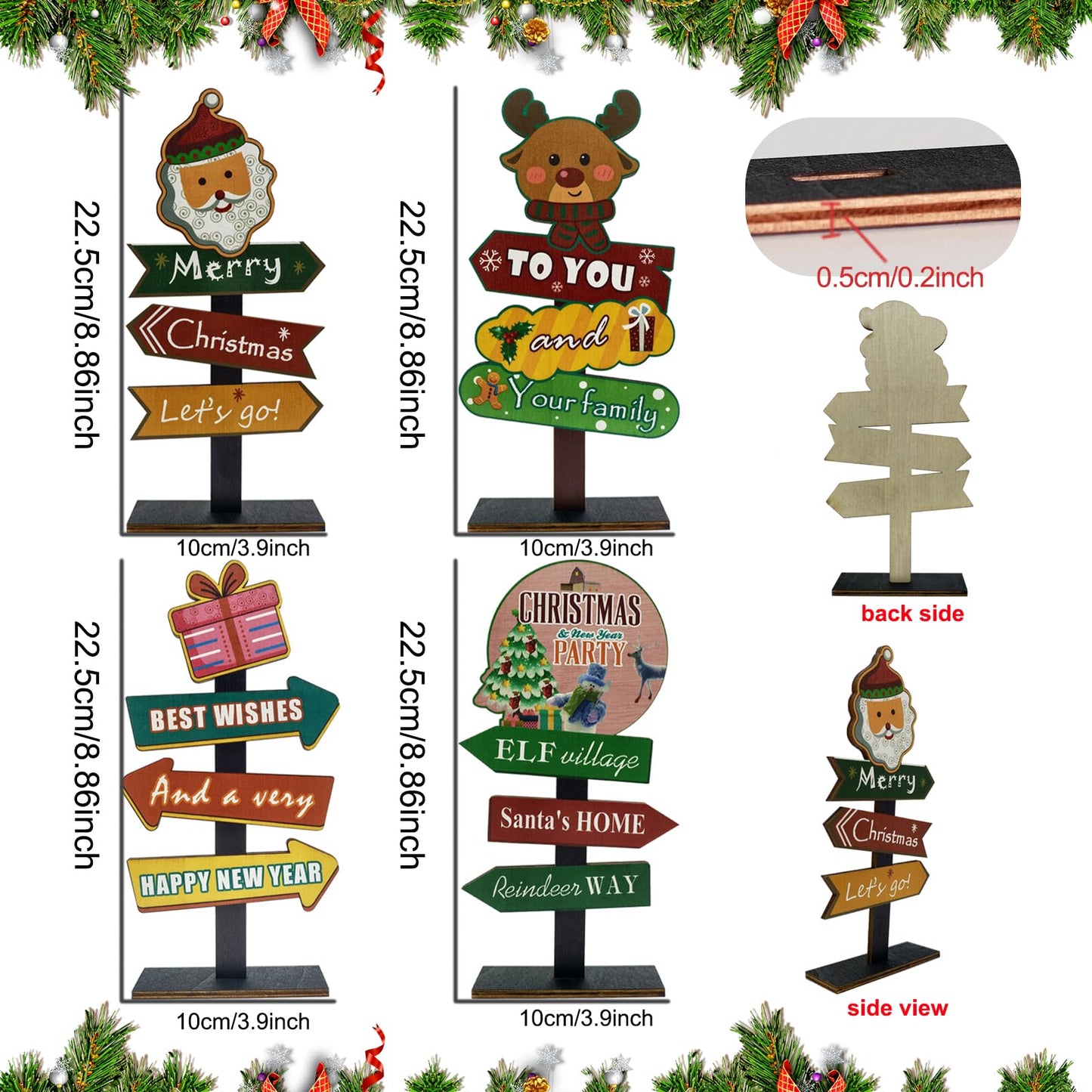 YvSuZeBuDa Christmas Table Decorations, 4 Piece Wooden Rectangular Sign Boards, Rustic Farmhouse Style, Polychrome, 8.86 x 4.72 Inches, Wall Mount with Twine, Cozy Theme