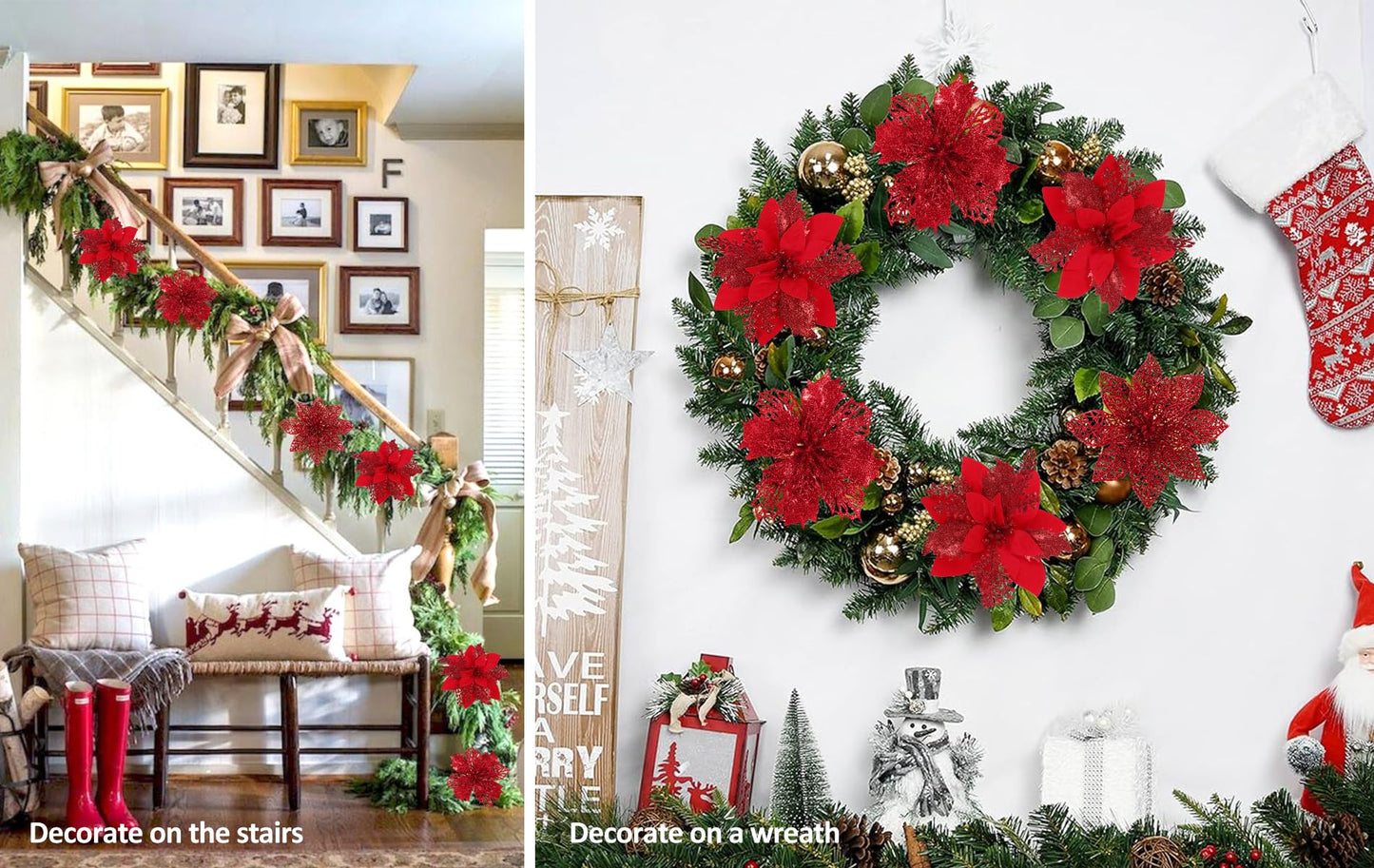 RECUTMS 66 Pcs 3 Styles Red Christmas Ornaments Christmas Glitter Poinsettia Flowers Artificial Christmas Tree Flower Decorations Wedding Wreath Floral Decorations (Red)