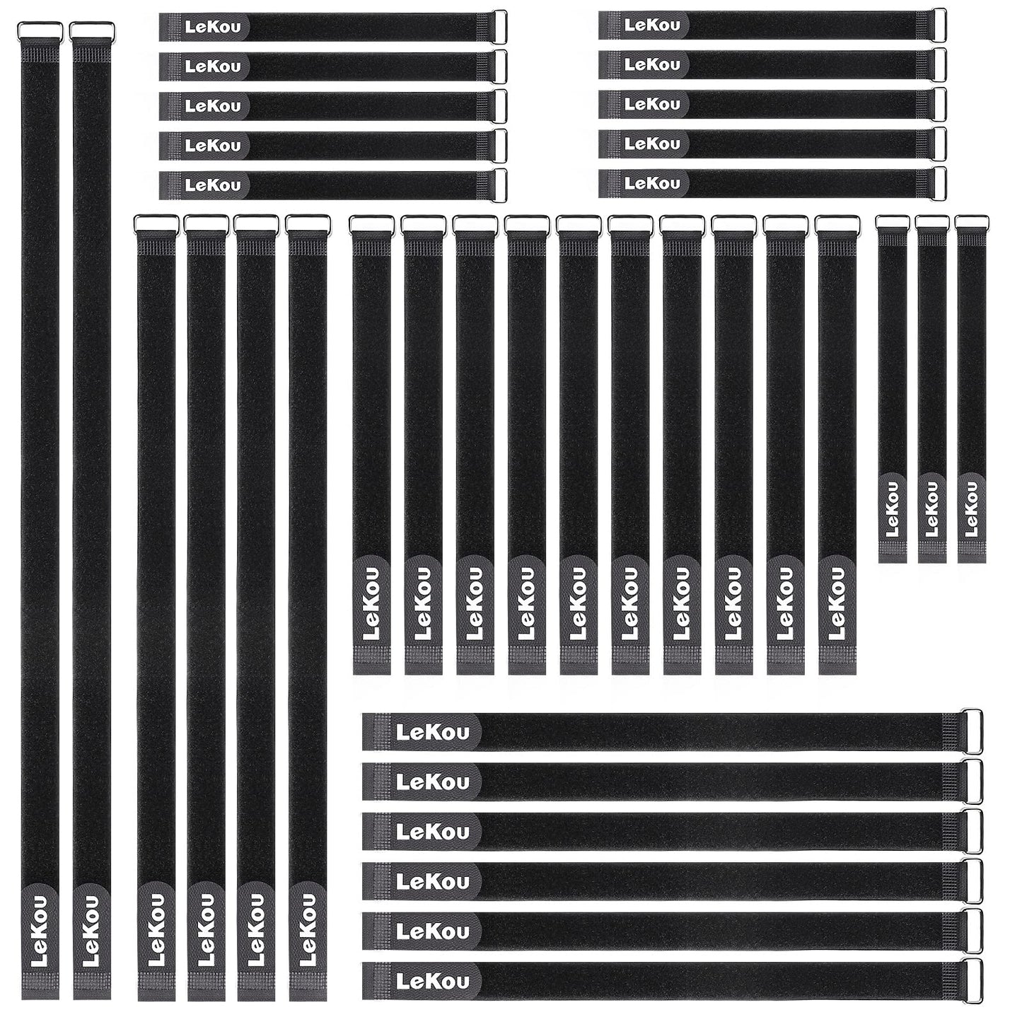 Lekou 35 Pack Cable Straps,8"-12"-18"-24"-30" Reusable Cable Ties, Hook and Loop with Metal Buckle, Fastening Securing for Cord Organizer Wire Management