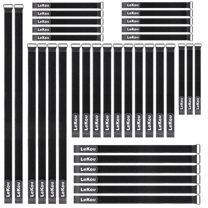 Lekou 35 Pack Cable Straps,8"-12"-18"-24"-30" Reusable Cable Ties, Hook and Loop with Metal Buckle, Fastening Securing for Cord Organizer Wire Management