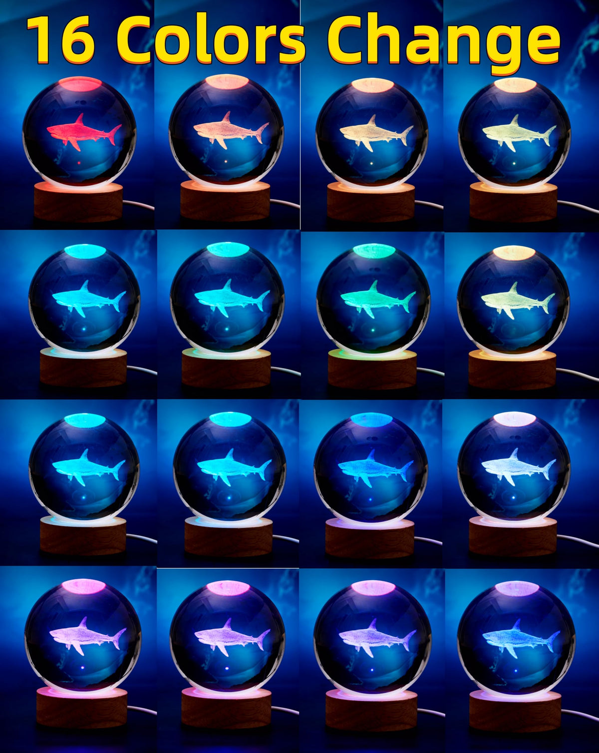 3D Crystal Ball Shark Lamp,Lifelike 3D LED Shark Night Light,16 Color Changing Light,Dimmable Remote Control