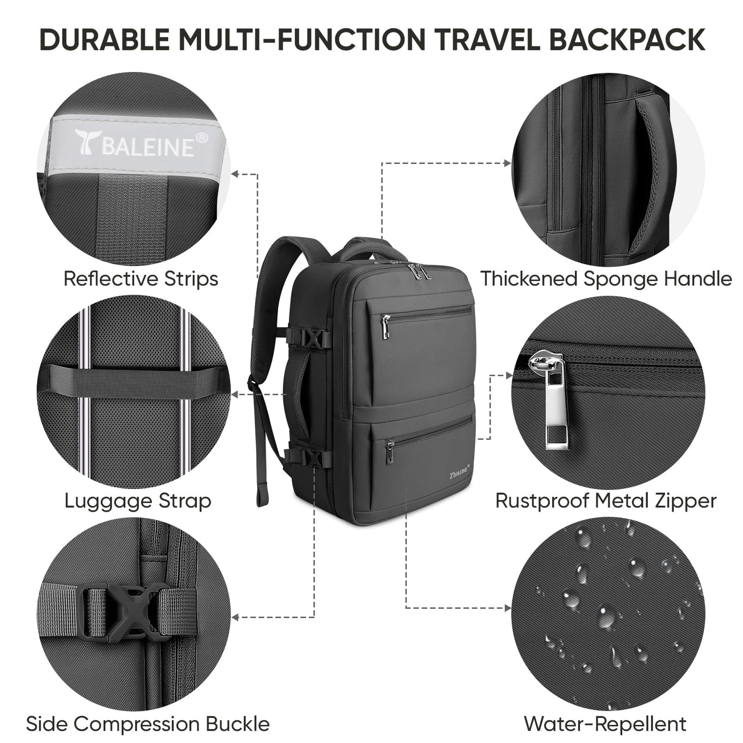 BALEINE Travel Backpack for Women Men, Large Sturdy Carry On Laptop Backpack Gifts for Business, Casual, Weekender, Hiking (Large, Black)
