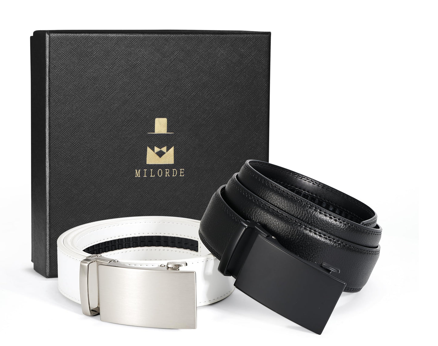 MILORDE Men's Leather Ratchet Belt - 35mm - Customizable Fit(2pack-Black/White,32" to 38" Waist Adjustable)