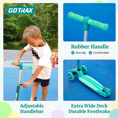 Gotrax KS1 Kids Kick Scooter, LED Lighted Wheels and 3 Adjustable Height Handlebars, Lean-to-Steer & Widen Anti-Slip Deck, 3 Wheel Scooter for Boys & Girls Ages 2-8 and up to 110 Lbs (Green)