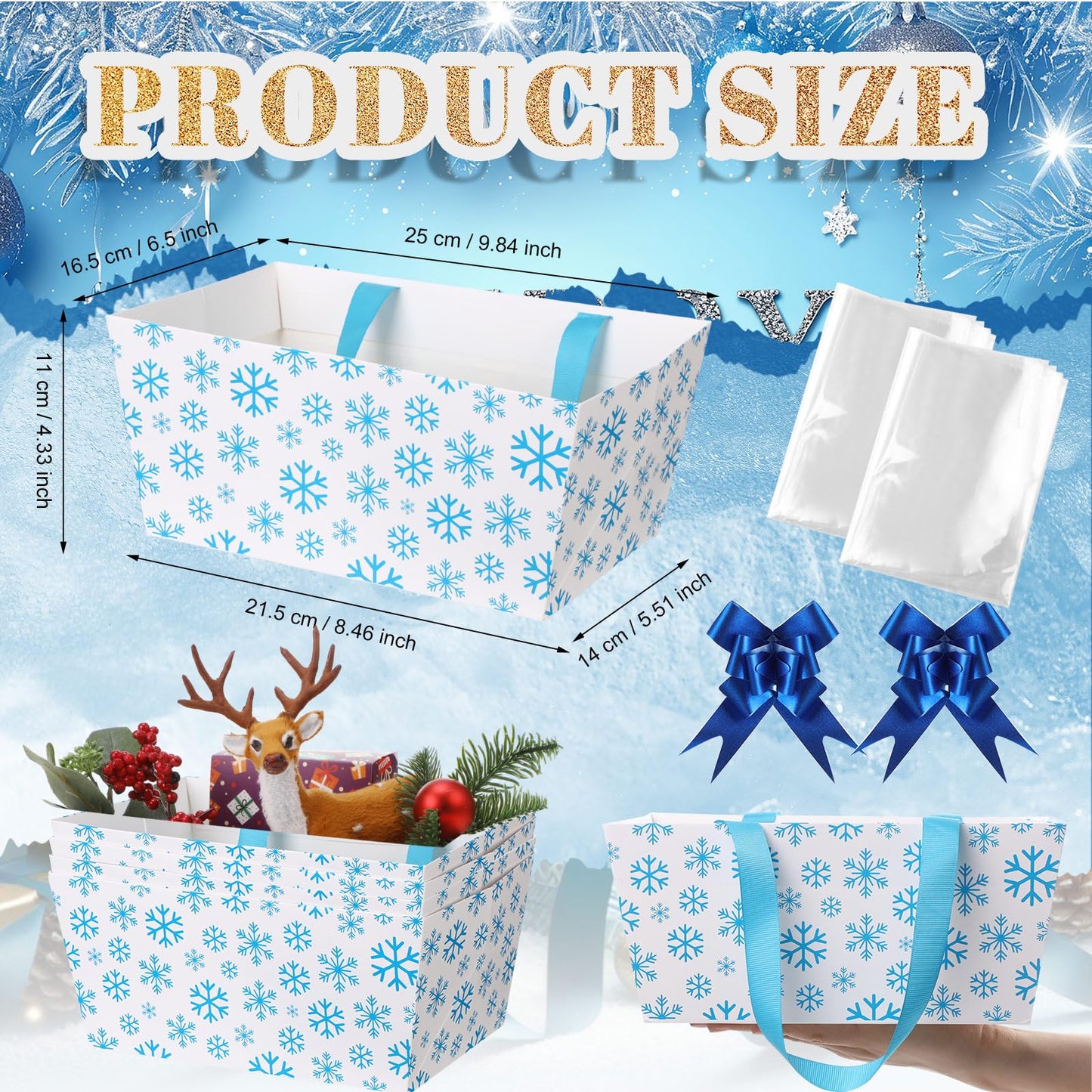 Moinchore 12 Pcs Snowflake Basket for Gifts Empty 9.8x6.5'' Winter White Blue Market Tray Cardboard Basket with Bows, Plastic Bags, Twist Ties, Empty to Fill for Holiday Birthday Xmas Winter Party