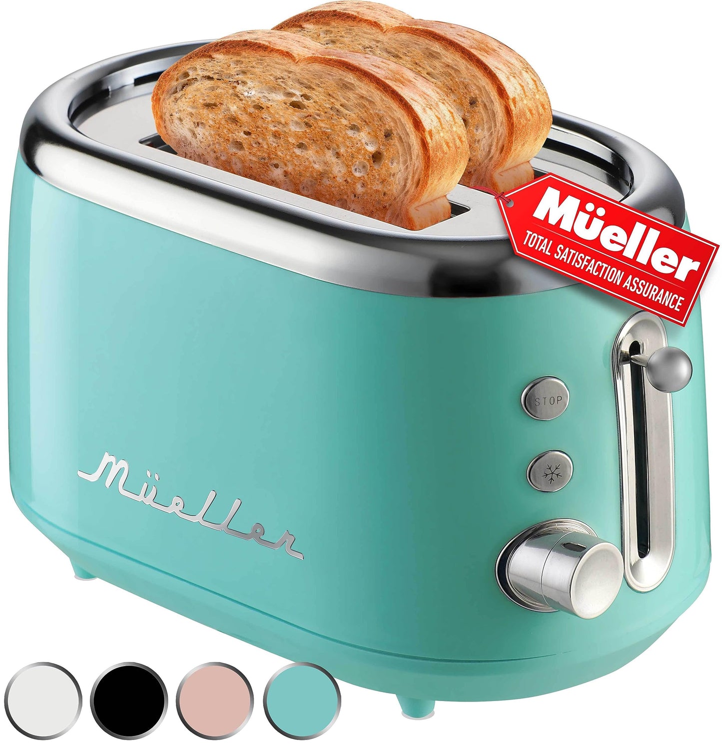 Mueller Retro Toaster 2 Slice with 7 Browning Levels and 3 Functions: Reheat, Defrost & Cancel, Stainless Steel Features, Removable Crumb Tray, Under Base Cord Storage, Turquoise