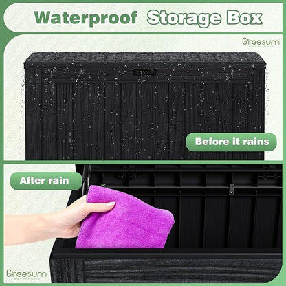 Greesum 120 Gallon Outdoor Storage Box with Lock - Large Resin Deck Box, Reinforced Lid for Garden, Patio, Lawn, Black