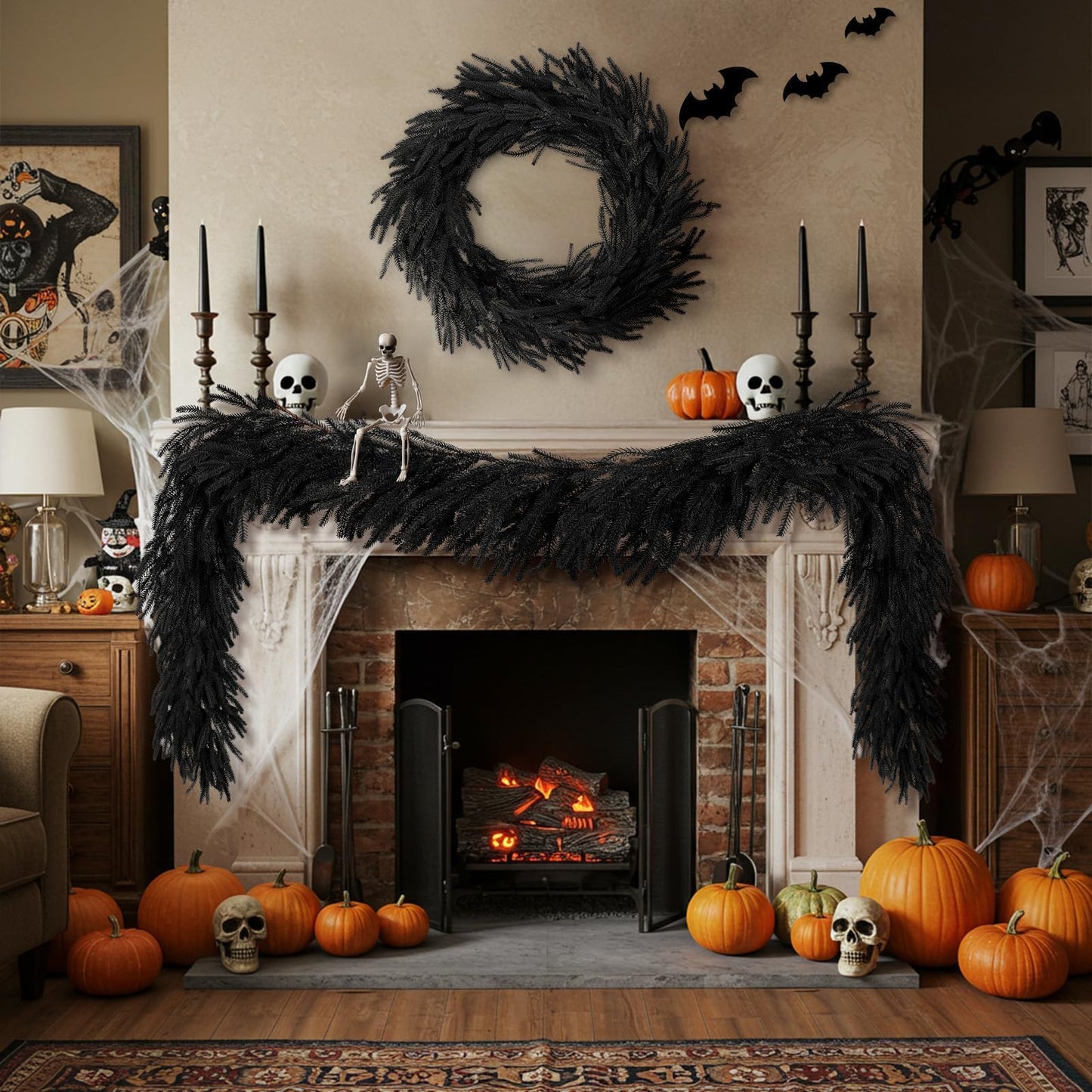 N&T NIETING 5.9FT Black Artificial Norfolk Pine Garland Real Touch Halloween Garlands Faux Garland for Table Mantle Holiday Fireplace Indoor Outdoor Halloween Christmas Decorations