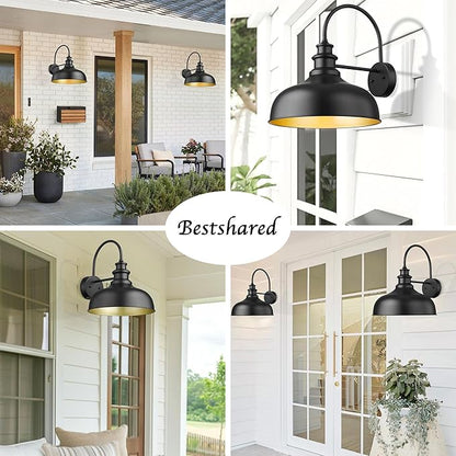 Bestshared Large Outdoor Farmhouse Barn Lights 16 Inch Dome Outdoor Wall Lantern Industrial Wall Sconces Exterior Gooseneck Mount Light,Vintage Outdoor Lighting Fixture (2Pack, Black+ Gold)