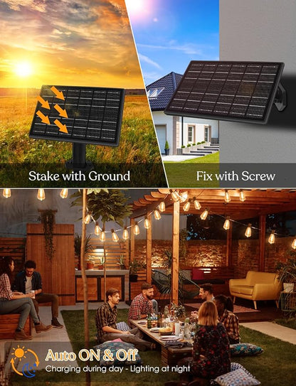 200ft Solar Outdoor String Lights with Remote - USB Rechargeable Solar Powered Outdoor Patio Lights - Larger 3.5W Solar Panel, Timer, Dimmable Shatterproof ST38 Bulbs for Backyard, Garden, Pool