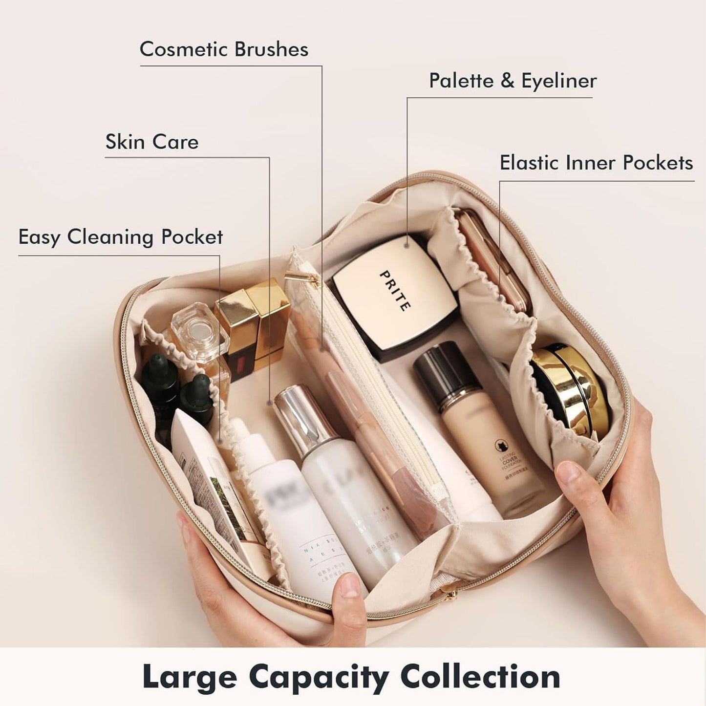 Prite Makeup Bag for Women Travel Waterproof Vegan Leather Cosmetic Bag Open Flat Toiletry Bag With Clear Divider and Handle (Beige, Medium)