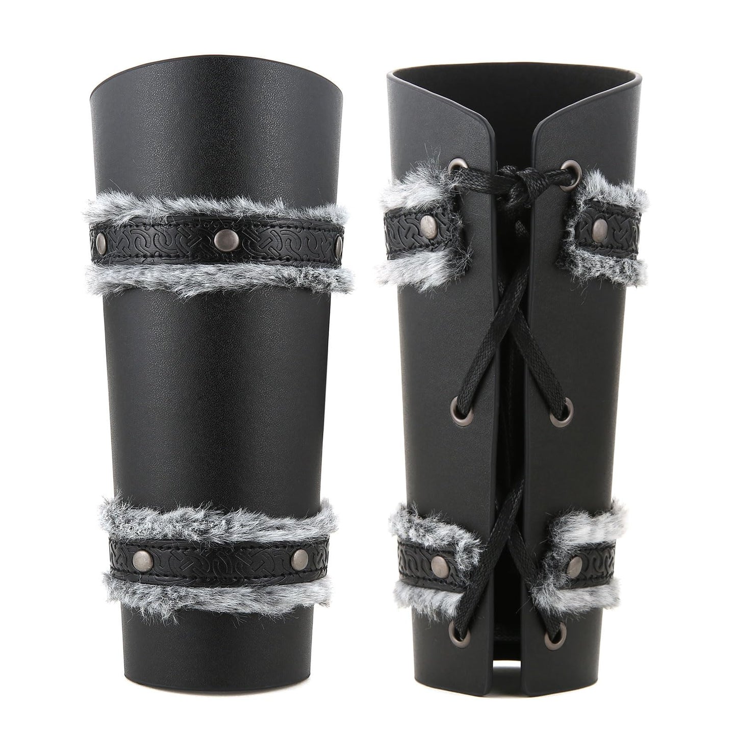 HZMAN Medieval Gauntlet Wristband Fur Leather Bracers for Men Cuff Armor Leather Viking Wrist Arm Guards for LARP Costume Bracer (Black)