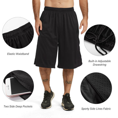 HQUEC Men's 12" Basketball Shorts Long Athletic Workout Gym Mesh Shorts Below Knee Loose-Fit with Pockets Black M