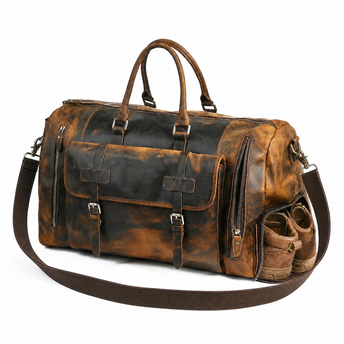 Handadsume Canvas + Leather Travel Luggage Tote Duffle Gym Suitcase Weekender Overnight Bag For Men Male FB8151 (8151-Dark Brown2)