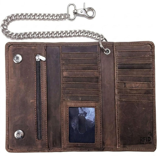 Motorcycle Chain Wallet for Men – Premium Cowhide Leather, RFID Tri-Fold Biker Wallet with Heavy Duty Chain for Bikers Truckers & Hunters, Credit Card Money Organizer Long Wallet Crazy Horse Brown