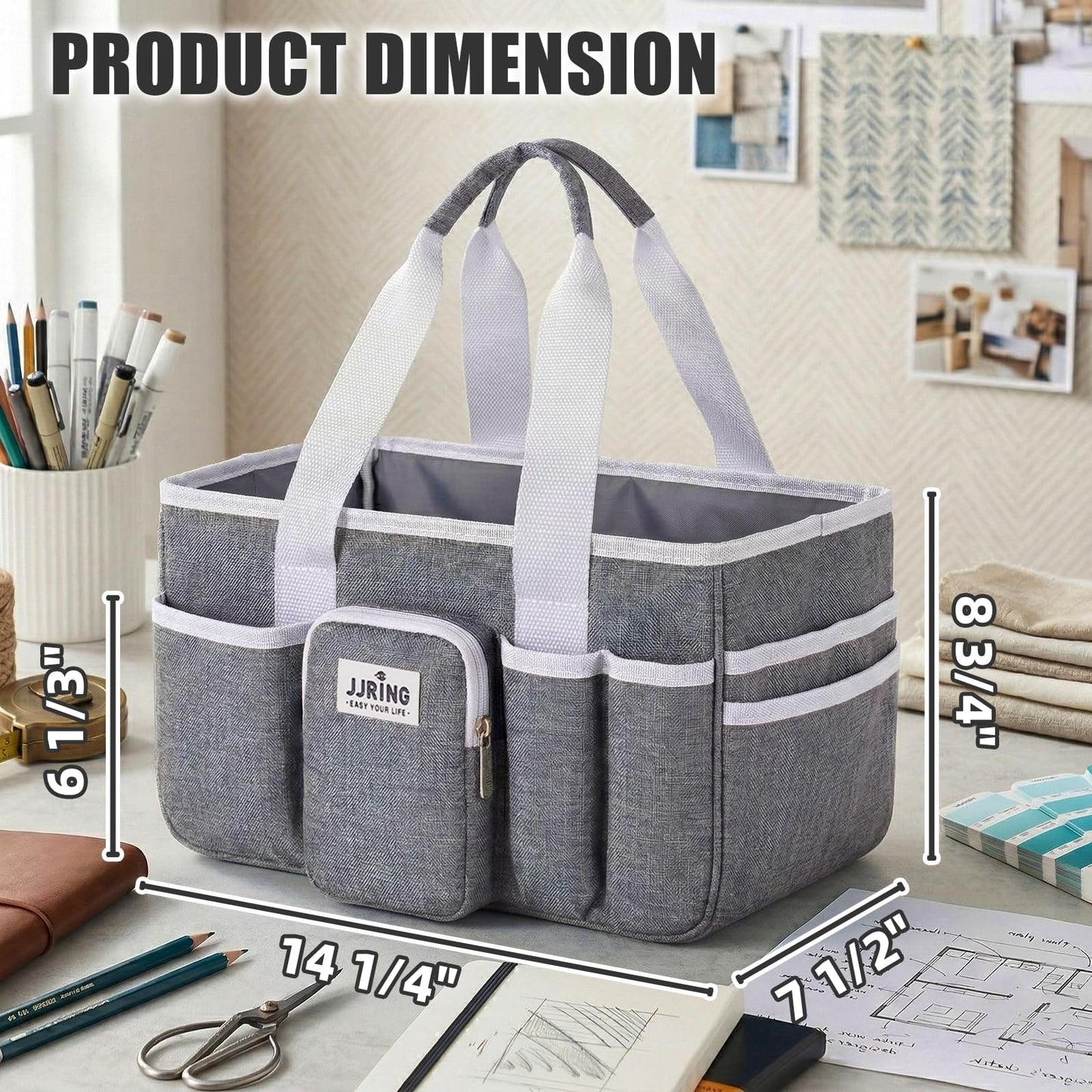 JJRING Craft Organizer Tote Bag, Portable Art Caddy with Adjustable Divider&Secure Zipper Pocket, Large Foldable Storage Tote for Scrapbooking, Sewing, Artist and Home(Grey)