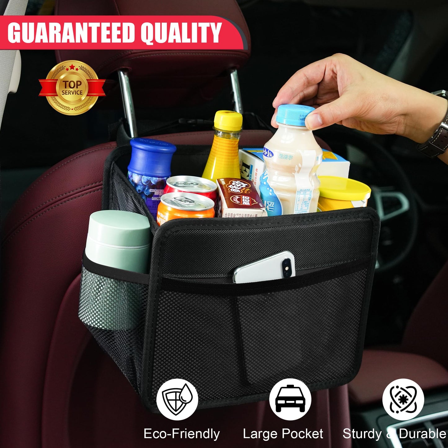 Car Seat Back Organizer Hanging Bag [2025 UPDATED] Foldable Backseat Storage Caddy with 5 Compartments & Adjustable Straps, Fits for Front/Back Headrest, Ultra-Durable - Black