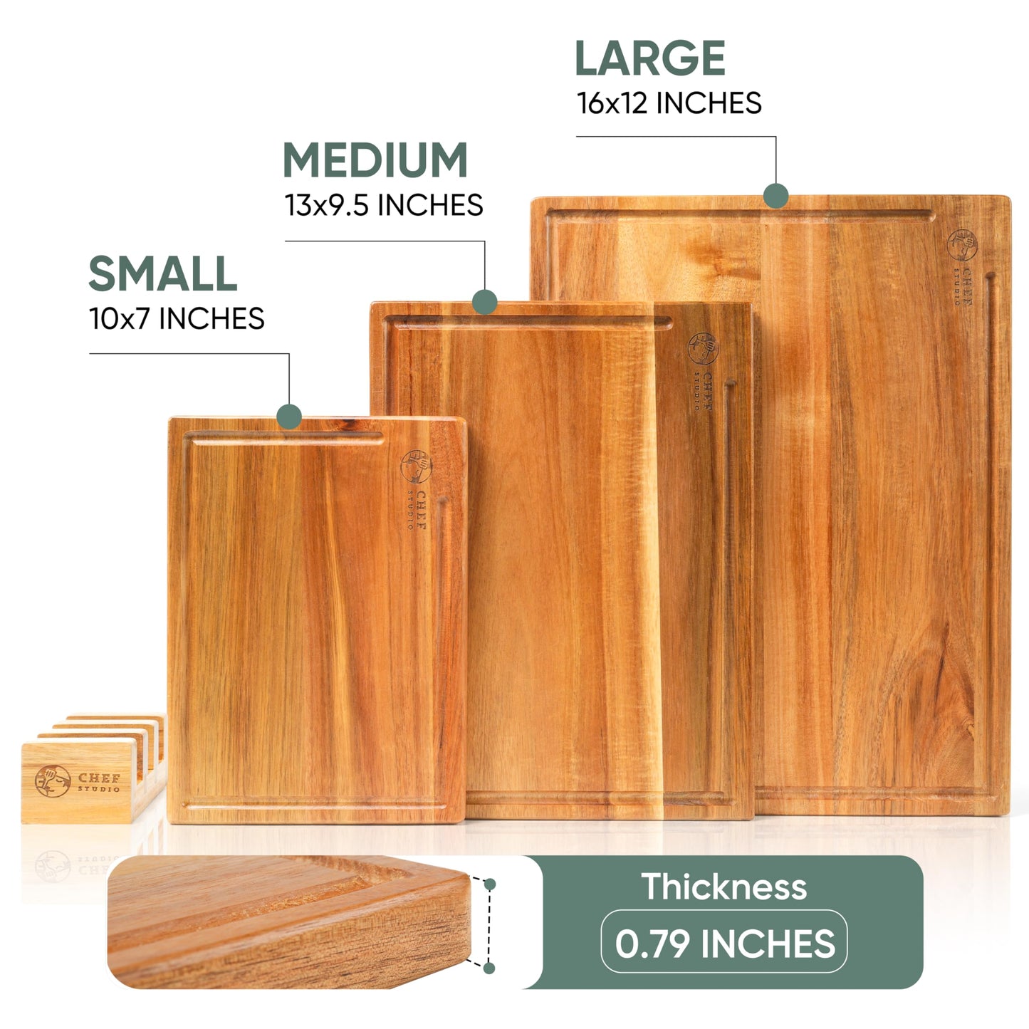 Chef Studio Acacia Wood Cutting Board (Set of 3) – Wooden Cutting Boards for Kitchen, Chopping and Serving, Non Plastic Bamboo Alternative, Hostess Gifts for Christmas, Thanksgiving, New Year