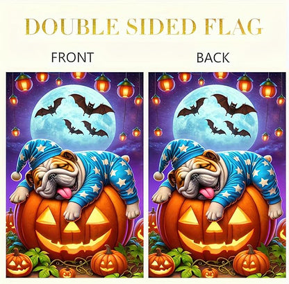 Halloween Garden Flag, 12x18 Inch Double-Sided Polyester, Pug Sleeping on Pumpkin Flag, Outdoor Patio Decoration, Festive Yard Banner, Easy to Hang (Only Garden Flag)