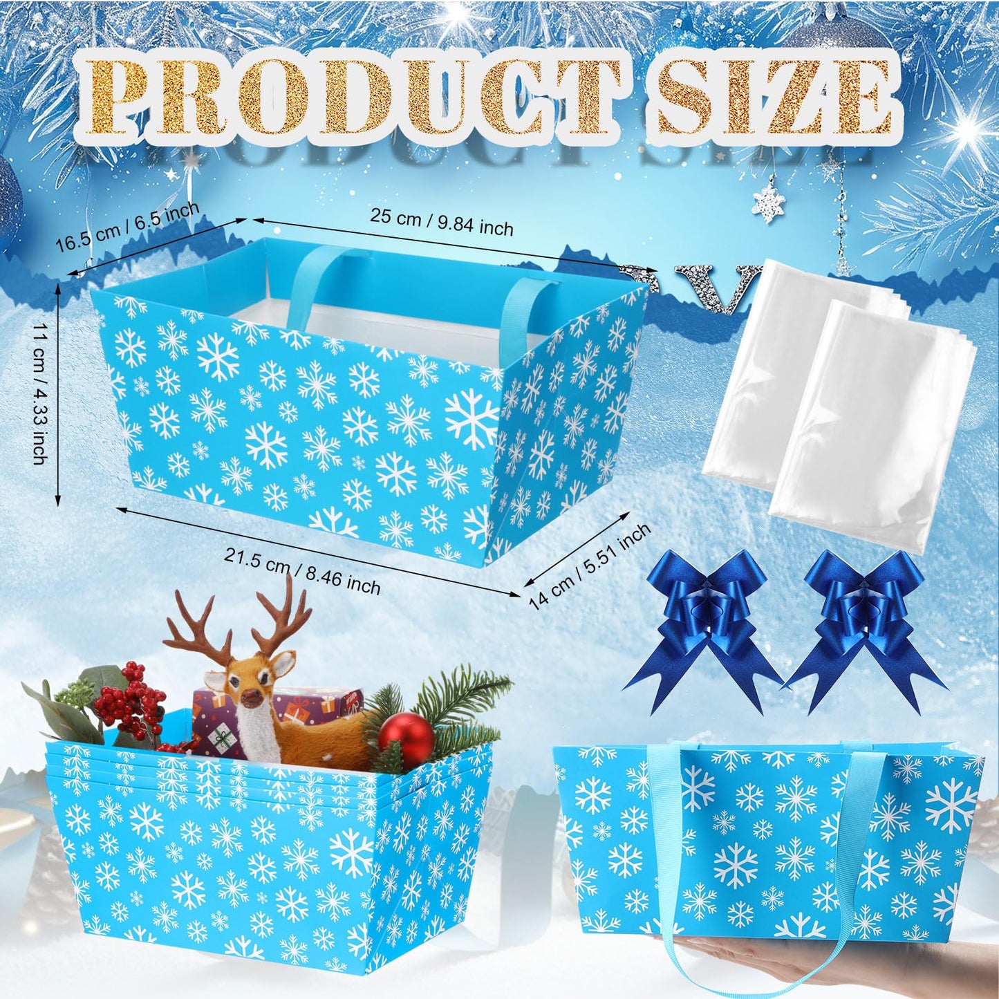 Moinchore 12 Pcs Winter Basket for Gifts Empty 9.8x6.5'' Blue Snowflake Market Tray Cardboard Basket with Bows, Plastic Bags, Twist Ties, Empty to Fill for Holiday Birthday Christmas Party Favor