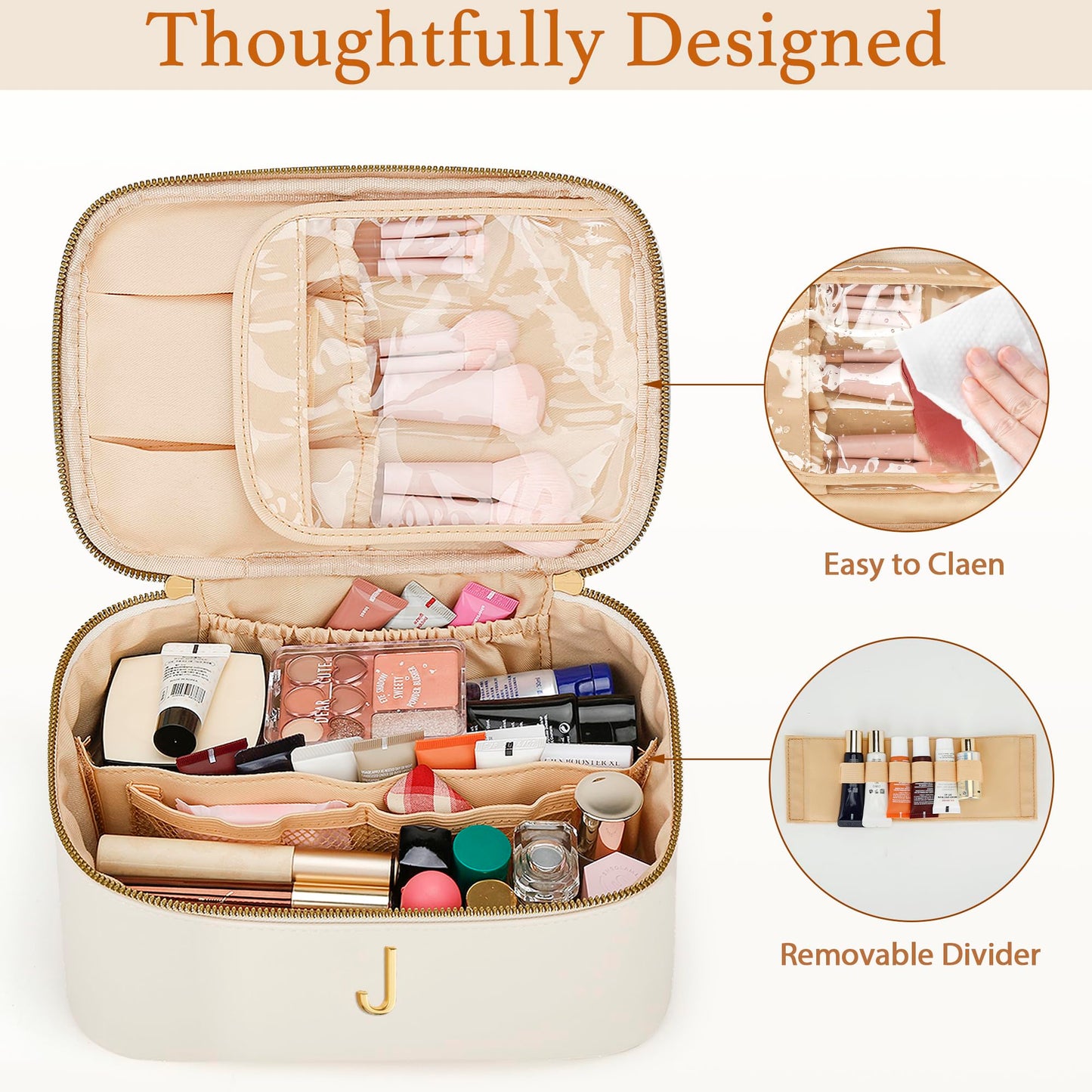 CLOUDWINGS Personalized Initial Makeup Bag Gifts for Women, Large Travel Cosmetic Organizer with Handle & Divider, PU Leather Toiletry Bag for Girls, Birthday Bridesmaid Gift Set - Beige - J