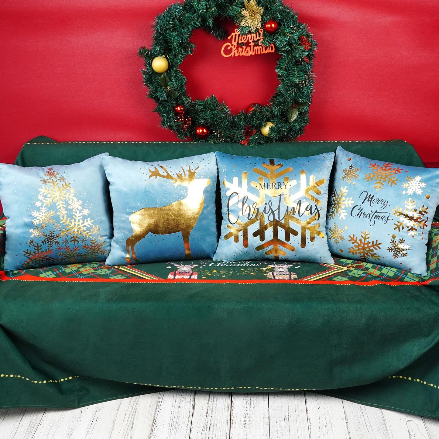ONWAY Blue Gold White Christmas Decorations Throw Pillow Covers 18x18 Set of 4 Snowflakes Reindeer Decorative Cushion Cases Xmas Golden Decor for Couch Sofa Bedroom