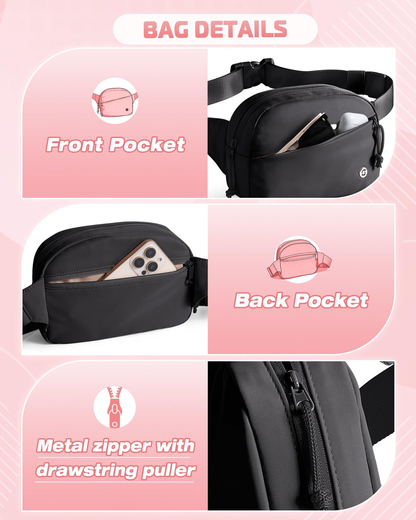 Smasrob Fanny Pack for Women, Crossbody Sling Bag Waist Bag with Multiple Pockets and Adjustable Strap, Black