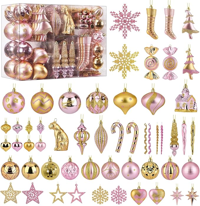 SHareconn 145pcs Christmas Balls Ornaments Set, Shatterproof Plastic Baubles Snowflakes, Stars and Tree Topper for Xmas Tree Holiday Wedding Party Decorations with Hanging Strings, Gold and Pink