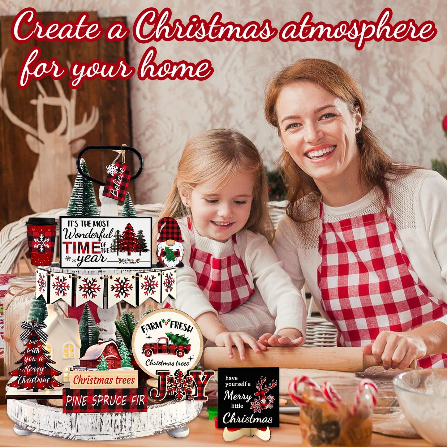 20 Pcs Christmas Tiered Tray Decor - Christmas Decorations Indoor Table Centerpieces Red and Black Buffalo Plaid Tray Decor with Snowflake, Xmas Tree, Gnome Wooden Signs for Home Shelf Decor