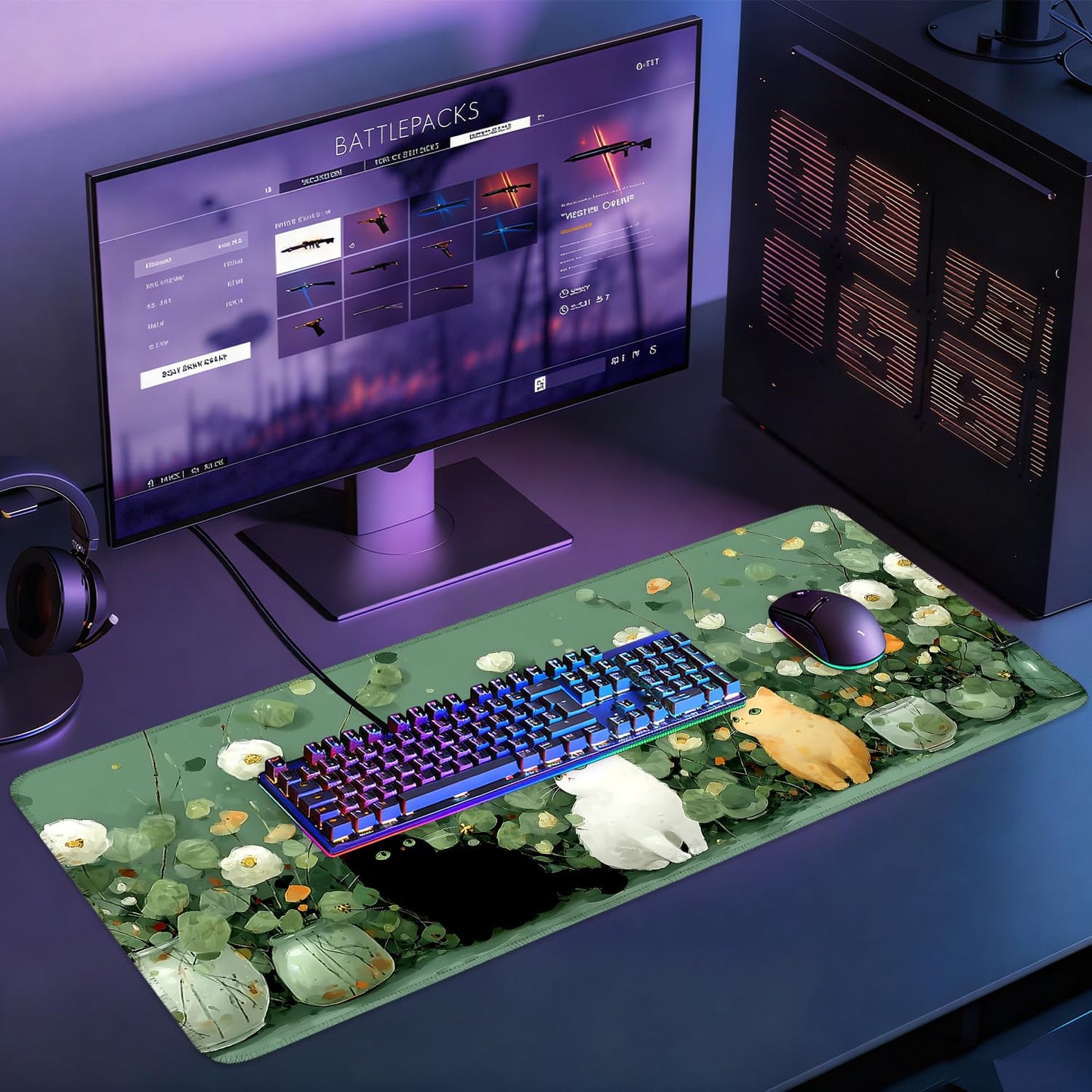Desk Mat, XXL Extended Gaming Pad for Desktop, 31x12 Inches Floral Cats Three Kittens with Flowers, Large Non-Slip Vegan Leather Surface with Stitched Edges, Keyboard Mouse Mat for Home Office