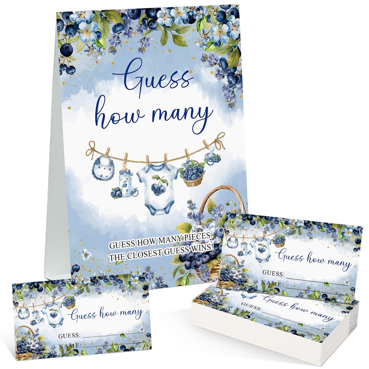 Lerheedi Blueberry Guess How Many Baby Shower Game Pack of 1 Tabletop Sign with Stand and 50 How Many Cards, a Berry Sweet Baby Is on the Way Gender Reveal Party Game Decoration